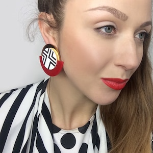 Red and Gold Round Earrings, Black and White Geometric Clip-on Earrings by ENNA image 1