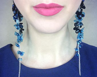 Blue Cluster Earrings, Long Dangle Pearl Earrings, Drop Elegant Flower Strand Earrings