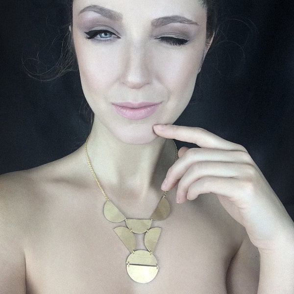 Golden Geometric Bib Half Circle Necklace, Art Deco Style Chain Necklace by ENNA