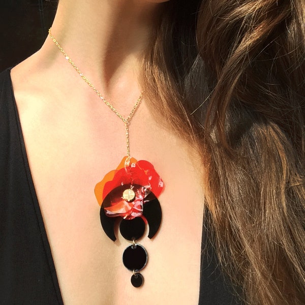 Y Necklace, Lariat Necklace, Acrylic Necklace, Black Perspex Necklace, Red Flower Necklace, Upcycled Jewellery by ENNA