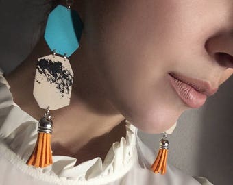 Tassel Earrings Orange, Geometric Turquoise Hand-Painted Shapes by ENNA Jewellery