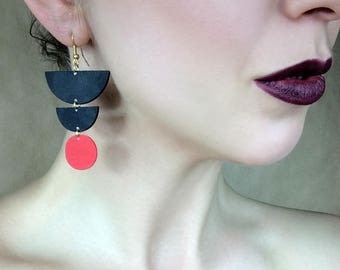 Three Tiered Strand Earrings, Black Half Circle, Red Circle Drop Earrings by ENNA