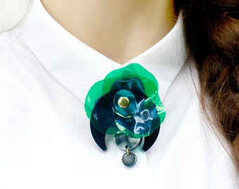 Flower Brooch in Green, SALE Blue Floral Crescent Geometric Brooch