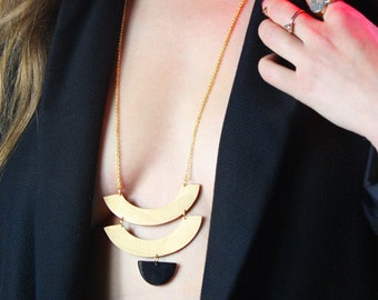 Gold Half Circle Cut Out Pendant Necklace, Black Geometric Gold Chain Pastel Necklace