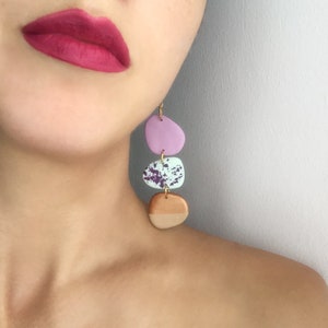 Tiered Statement Clay Earrings, Long Dangle Round, Gold, Hand-painted by ENNA image 2