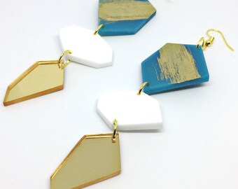 Statement Drop Earrings, Three Mixed Geometric Shapes Earrings, Gold Dangle Design by ENNA Jewellery