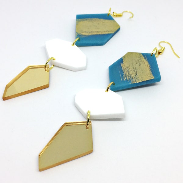 Statement Drop Earrings, Three Mixed Geometric Shapes Earrings, Gold Dangle Design by ENNA Jewellery