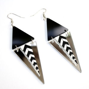 Triangle Dangle Earrings, Black and Mirror, Painted Pattern, Pointed, Drop Earrings by ENNA image 1