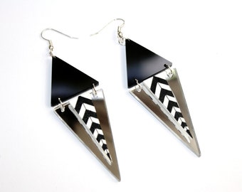 Triangle Dangle Earrings, Black and Mirror, Painted Pattern, Pointed, Drop Earrings by ENNA