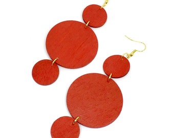 Tiered Red Circle Earrings, Drop Statement Three Round Wooden Earrings by ENNA Jewellery