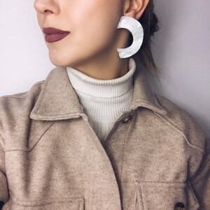 Statement C shape Clip On Earrings, Crescent White Earrings, Recycled Jewellery by ENNA jewellery image 3