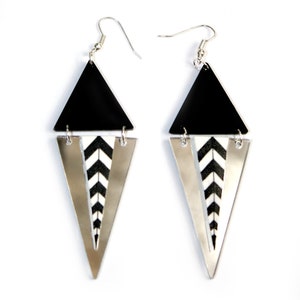 Triangle Dangle Earrings, Black and Mirror, Painted Pattern, Pointed, Drop Earrings by ENNA image 2