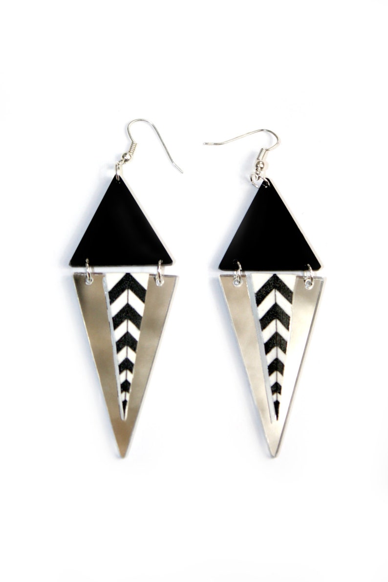 Triangle Dangle Earrings, Black and Mirror, Painted Pattern, Pointed, Drop Earrings by ENNA image 2