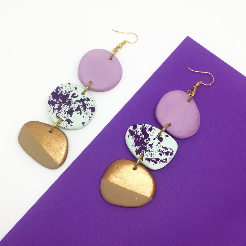 Tiered Statement Clay Earrings, Long Dangle Round, Gold, Hand-painted by ENNA image 1