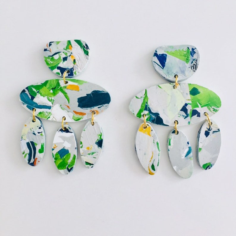 Multicolour Oval Shape Dangle Earrings, Big Statement Earrings, Drop Colourful Recycled Earrings by Enna Jewellery image 1