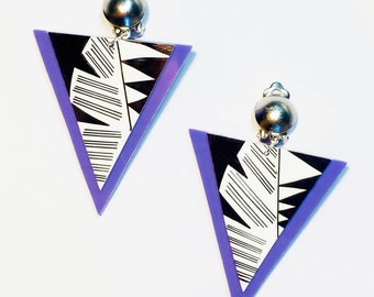 Geometric Tropical Earrings, Triangle Clip-on, Purple Hand-painted, Palm Leaf, Pointed Dangle Earrings by Enna Jewellery