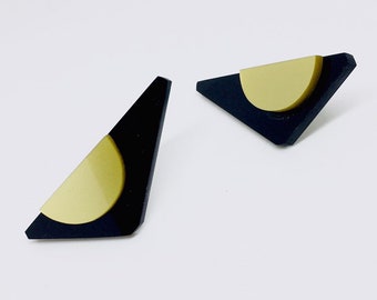 Small Black Triangle Earrings, Half-moon Mirror Detail by EnnaJewellery