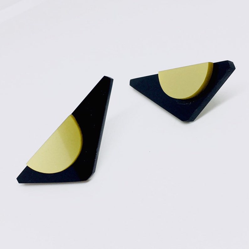 Small Black Triangle Earrings, Half-moon Mirror Detail by EnnaJewellery image 1