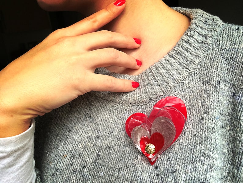 SALE Red Acrylic Brooch, Plastic Bottle Heart Brooch, PET bottle Brooch, Perspex Valentine Brooch by Enna image 1