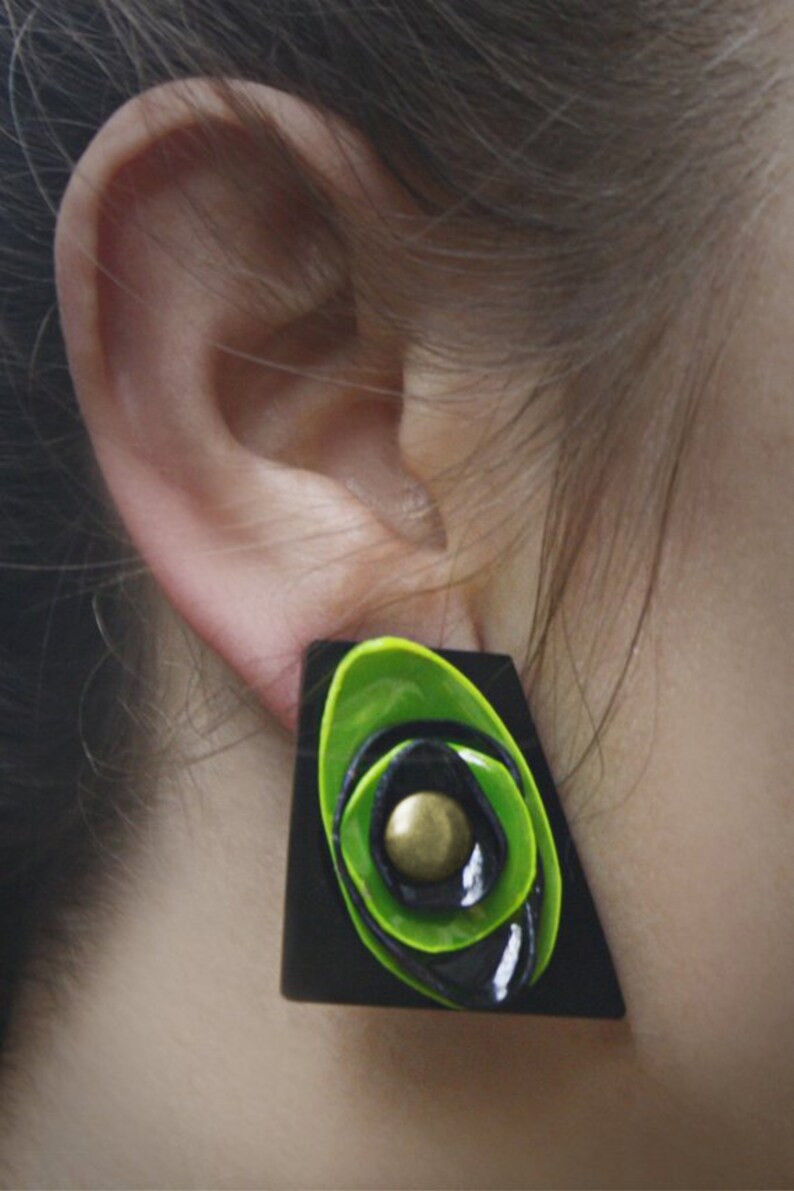 SALE Geometric Earrings, Upcycled Jewelry, Green Perspex Plastic Bottle Earrings, Clip-on Earrings by ENNA image 2