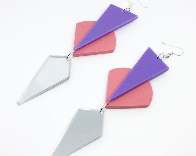 Long Statement Earrings, Pink Purple Silver Geometric Dangle Earrings, Geometric Earrings by ENNA