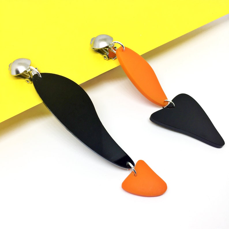 Long Asymmetrical Black and Orange Clip on Statement Earrings, Oval Shape Silver Ball Clip Drop Earrings by ENNA Jewellery image 1