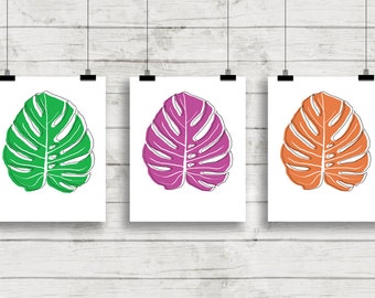 Tropic Plant Print Set, Set of Three Prints, Monstera Leaf, Botanical Prints, Palm Prints Set, Orange, Green, Pink