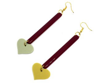 Heart Long Bar Earrings, Maroon Stick Linked Drop Elegant Earrings by ENNA jewellery