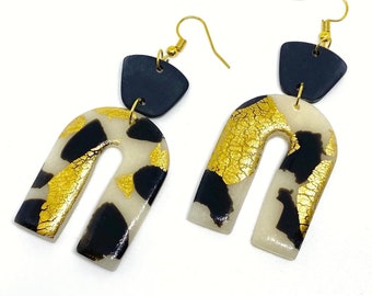 Clay U shape Earrings, black and Gold Earrings, Unique Jewelry, Gift For Her, Modern.