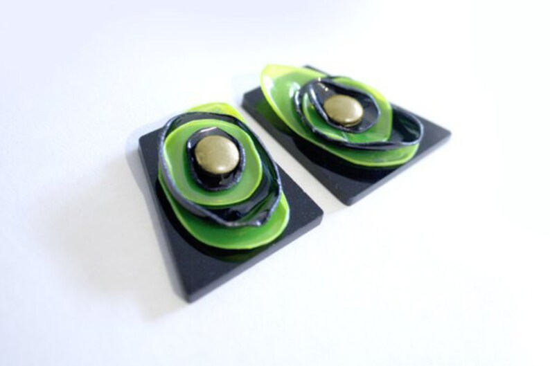 SALE Geometric Earrings, Upcycled Jewelry, Green Perspex Plastic Bottle Earrings, Clip-on Earrings by ENNA image 3