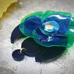 Flower Brooch in Green, SALE Blue Floral Crescent Geometric Brooch image 4