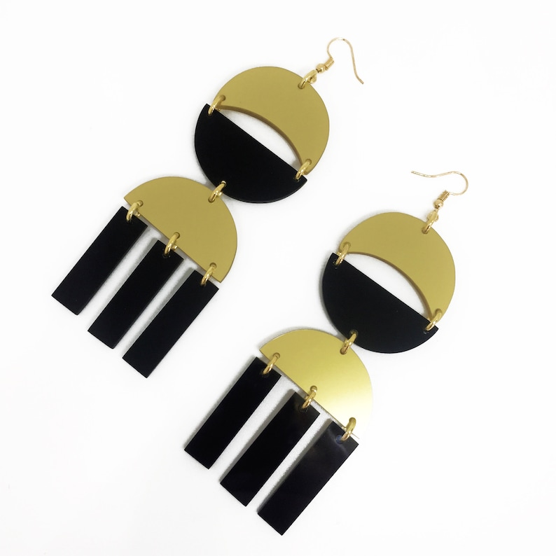 Chandelier Oversized Acrylic Earrings, Gold and Black Dangle Geometric Earrings image 2