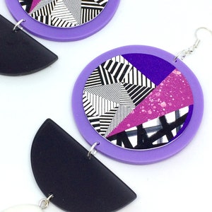 Statement Circle Drop Earrings, Hand-Painted Huge Dangle Earrings, Clip On Purple, image 3
