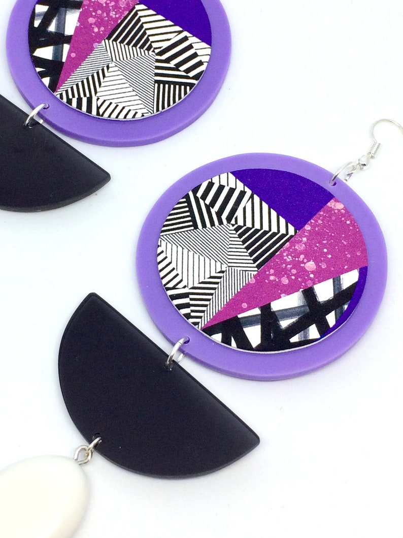 Statement Circle Drop Earrings, Hand-Painted Huge Dangle Earrings, Clip On Purple, image 3