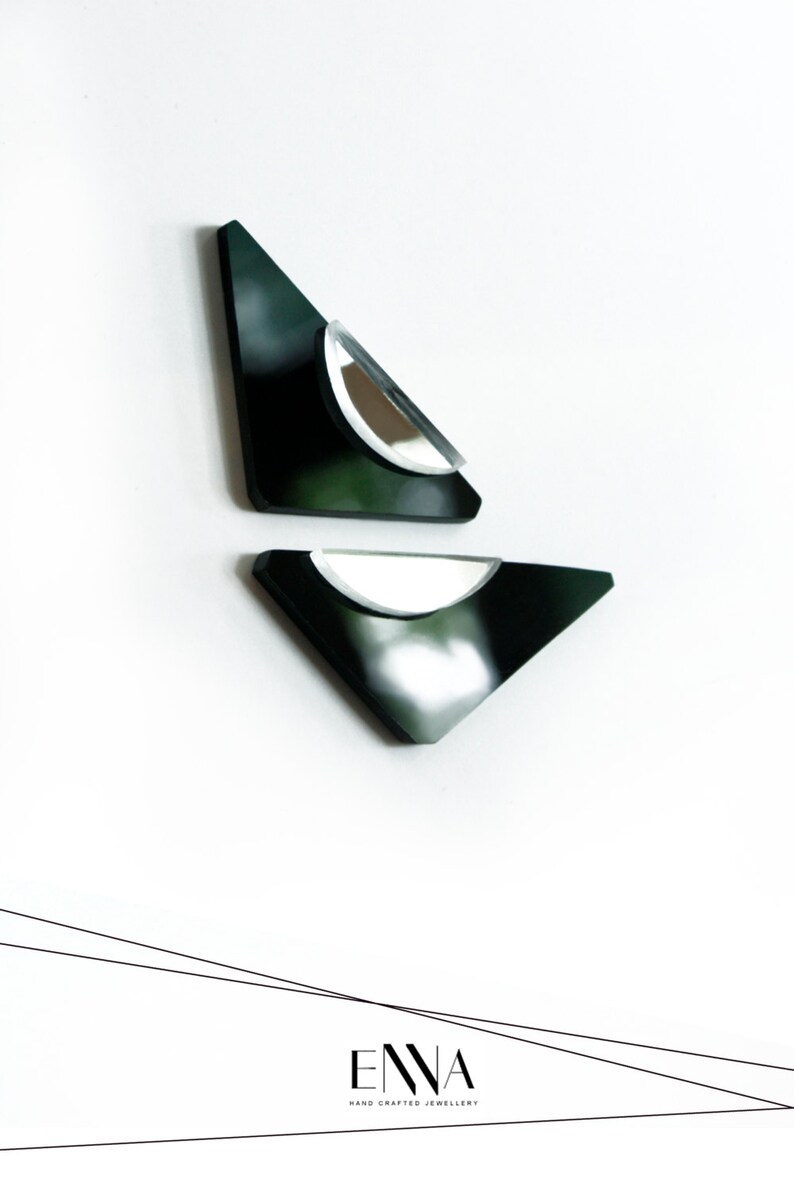 Small Black Triangle Earrings, Half-moon Mirror Detail by EnnaJewellery image 2