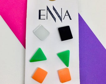 Trio Mini Stud Earrings, Triangle, Circle Set of Three, Pattern by ENNA