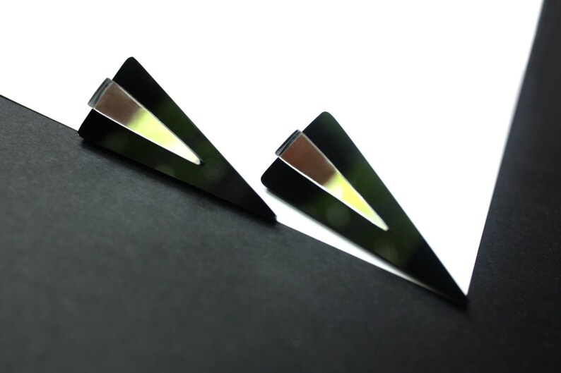 Geometric Triangle Earrings, Black Acrylic Stud Earrings, Black & Mirror by ENNA image 4