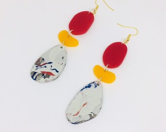 Statement Recycled Oval Stones Earrings, Drop Earrings, Yellow, Red by Enna Jewellery