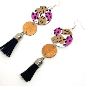 Circle Pattern Drop Statement Tassel Earrings, Long Wooden Earrings by ENNA Jewellery image 2