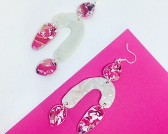 Statement Pink and White U shape Earrings, Drop Earrings, Recycled Jewellery by ENNA jewellery