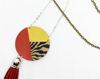 Wooden Circle Tassel Necklace, Hand-Painted Zebra Geometry Jewellery, Long Chain Pendant by ENNA Jewellery