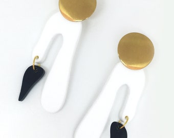 White Hollow Earrings, Drop Black and Gold Disk Statement Earrings, by ENNA Jewelry