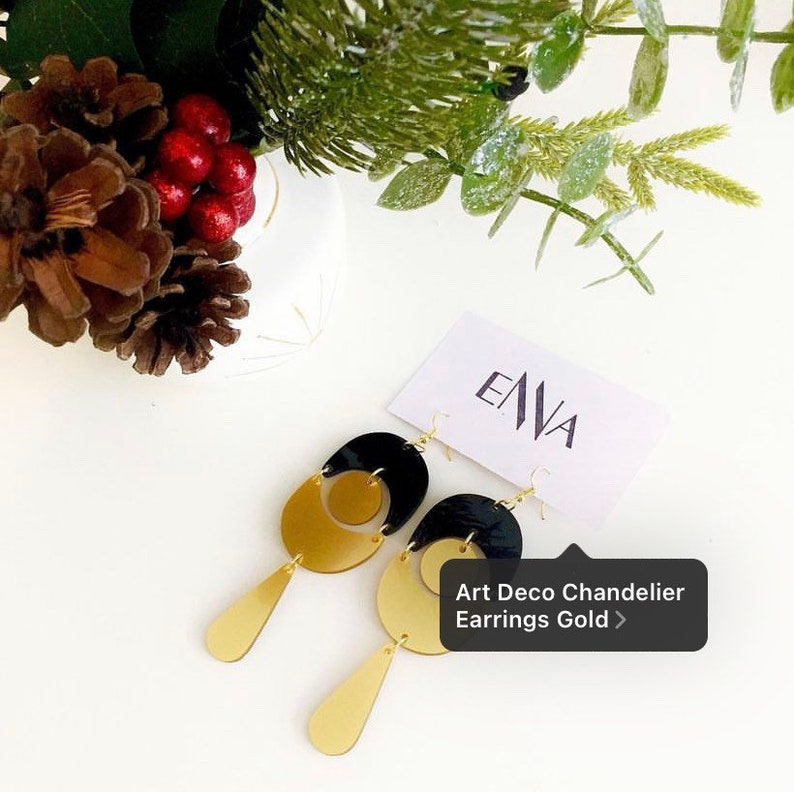 Gold Oval Chandelier Pierced Earrings, Art Deco Circle Drop Black Earrings by ENNA image 2