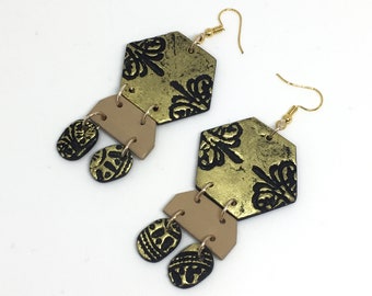 Clay Engraved Hexagon Earrings, Black, Beige, Gold Drop Statement Earrings by ENNA jewelelry