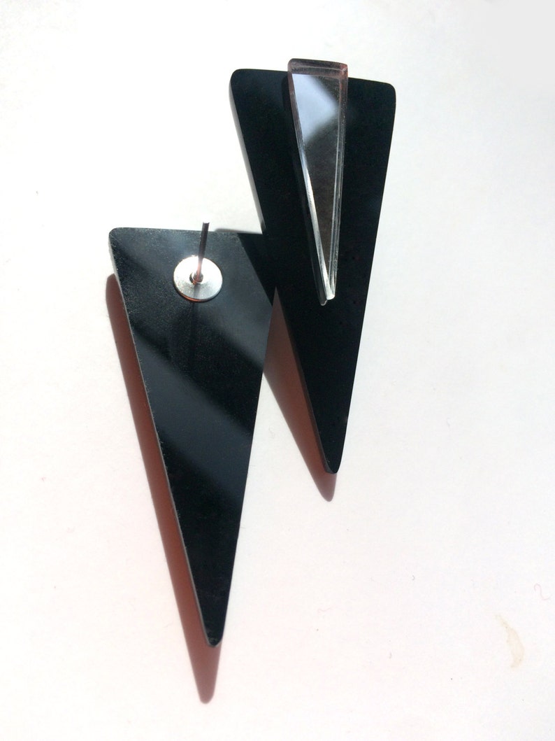 Geometric Triangle Earrings, Black Acrylic Stud Earrings, Black & Mirror by ENNA image 3