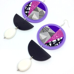 Statement Circle Drop Earrings, Hand-Painted Huge Dangle Earrings, Clip On Purple, image 1