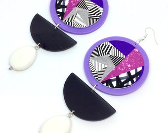 Statement Circle Drop Earrings, Hand-Painted Huge Dangle Earrings, Clip On Purple,