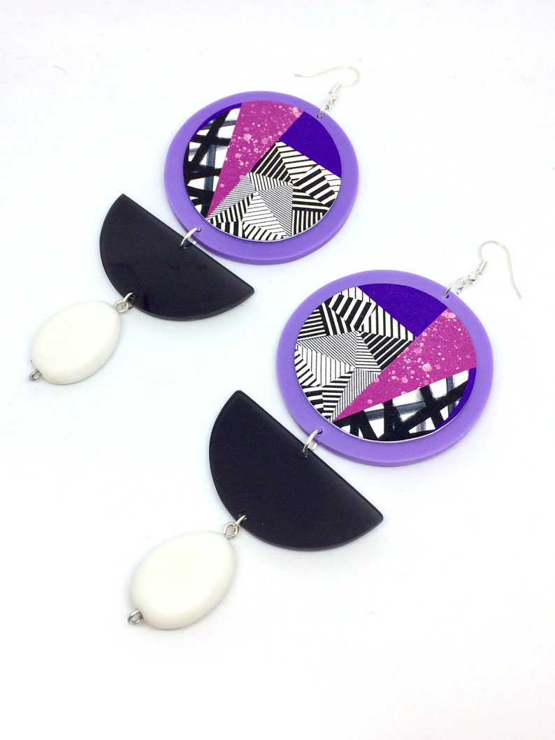 Statement Circle Drop Earrings, Hand-Painted Huge Dangle Earrings, Clip On Purple, image 1