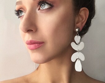 White Flower Drop Statement Earrings Dangle Oval Shapes Clip-on Earrings, Custom Personalised Jewellery