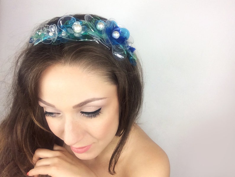 SALE Blue Bridal Headband, Floral Wedding Tiara, Upcycled Jewelry, Floral Headpiece by ENNA image 1